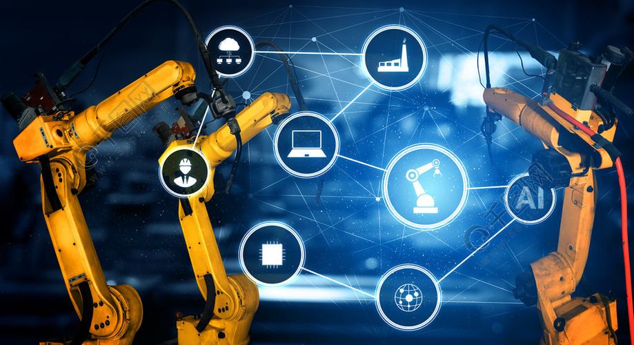用于数字工厂生产技术的智能工业机器人手臂展示了工业40或第四次工业
